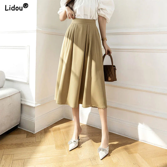 Streetwear Temperament Pleated Office Lady Knee-length Solid Pockets Spring Summer Thin Casual High Waist Loose Women&#39;s Clothing