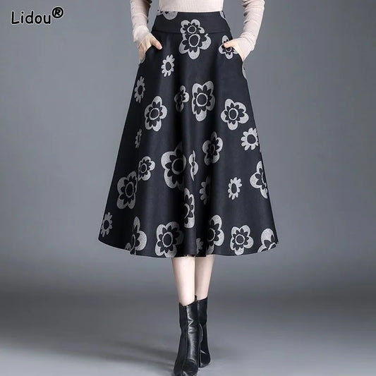 Temperament Printing Midi Skirts Office Lady Women&#39;s Clothing 2022 Fashion Casual Korean Spring Summer Thin Intellectual Elegant